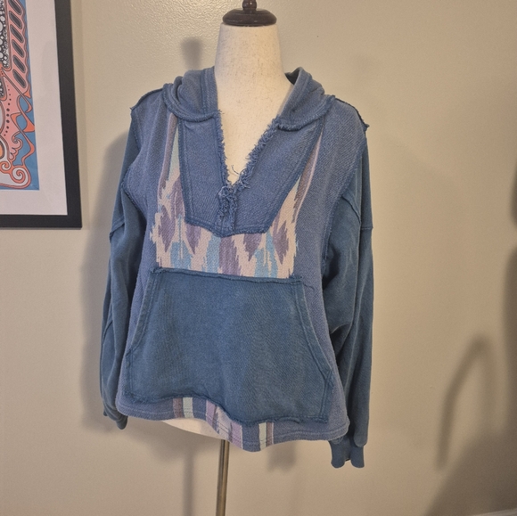 FREE PEOPLE Blue Hooded Baja Pullover poncho Like New Oversized  Hippie Boho - Picture 11 of 14